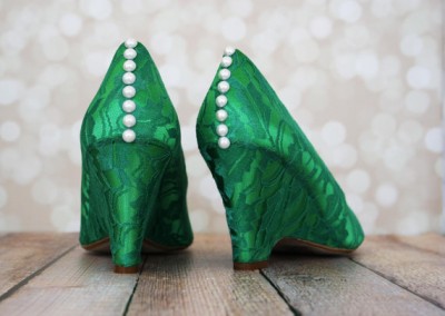 Emerald Green Peep Toe Wedges with Matching Lace Overlay and Pearl Buttons on Back 4
