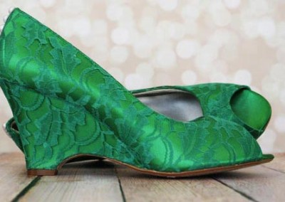 Emerald Green Peep Toe Wedges with Matching Lace Overlay and Pearl Buttons on Back 6