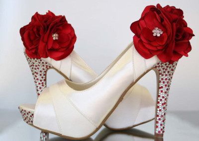 Ivory Platform Peep Toes with Red and Silver Rhinestones on Heel & Platform, Red Trio on Ankle and Red Rhinestone I Do 2