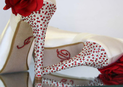 Ivory Platform Peep Toes with Red and Silver Rhinestones on Heel & Platform, Red Trio on Ankle and Red Rhinestone I Do 3