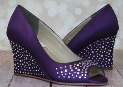 Plum Purple Wedding Shoes Peep Toe Wedge Crystal Covered Heel
