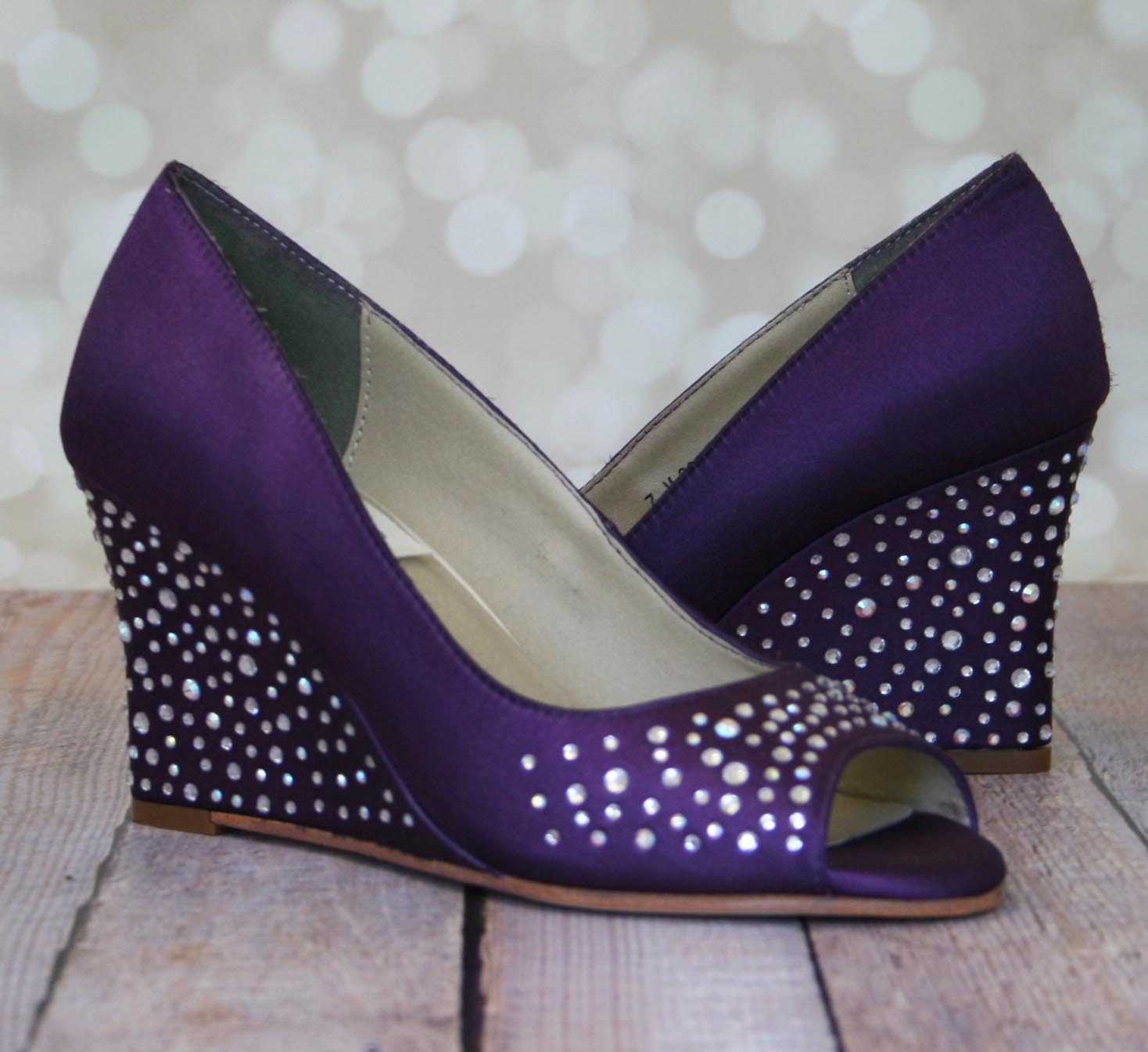 Plum Purple Wedding Shoes Peep Toe Wedge Crystal Covered Heel