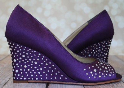 Plum Purple Wedding Shoes Peep Toe Wedge Crystal Covered Heel