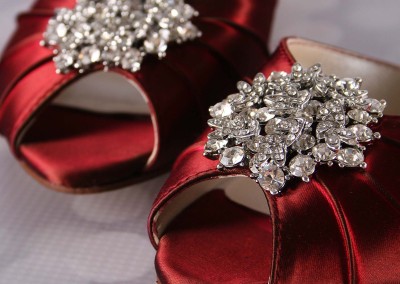 Rouge Red Wedding Shoes Kitten Heel Peep Toe Silver Crystal Brooch