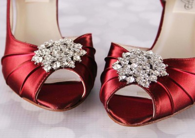 Rouge Red Wedding Shoes Kitten Heel Peep Toe Silver Crystal Brooch