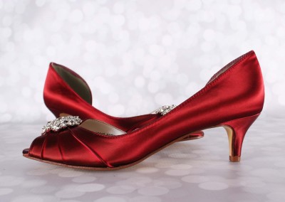 Rouge Red Wedding Shoes Kitten Heel Peep Toe Silver Crystal Brooch