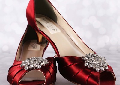Rouge Red Wedding Shoes Kitten Heel Peep Toe Silver Crystal Brooch