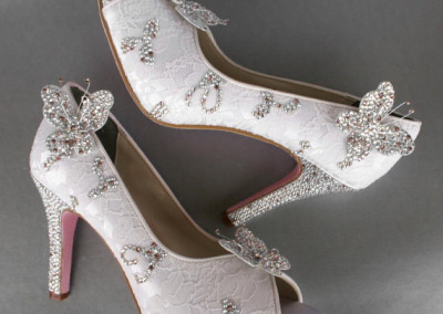 Custom Wedding Shoes Ivory Platform Peep Toe Butterfly Wedding Shoes Lace Overlay Pink Silver Swarovski Crystal Butterflies Pink Painted Sole