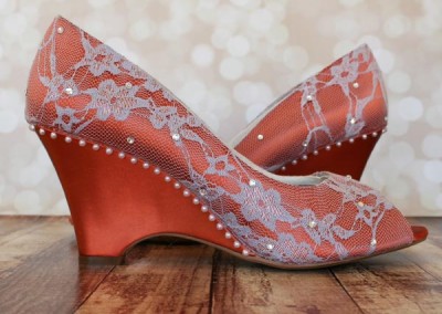 Burnt Orange Minka Wedge Wedges Gray Lace Overlay Pearl Trim Crystals Scattered in Lace Silver Crystals  (1)