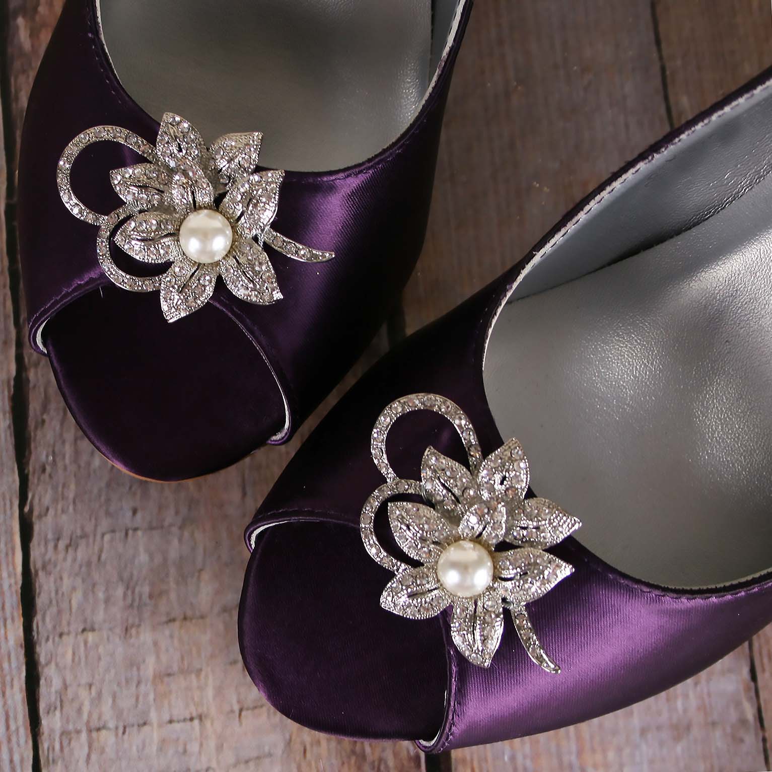 Eggplant Minka Peep Toe Peeptoe Wedge Wedges Pearl and Crystal Looped Flower Brooch 1 Eggplant Minka Peep Toe Peeptoe Wedge Wedges Pearl and Crystal Looped Flower Brooch 1