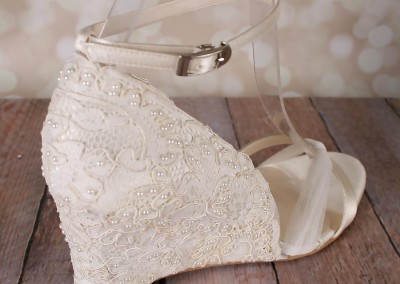 Ivory Wedge Wedding Shoes Lace Heel Tulle Strap Ankle Strap Pearl Accents Design Your Own Wedding Shoes
