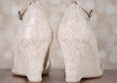 Ivory Wedge Wedding Shoes Lace Heel Tulle Strap Ankle Strap Pearl Accents Design Your Own Wedding Shoes