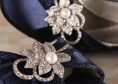 Navy Blue Wedding Shoes Lace Bridal Shoes Pearl and Crystal Looped Flower Adornment