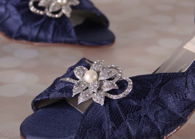 Navy Blue Wedding Shoes Lace Bridal Shoes Pearl and Crystal Looped Flower Adornment