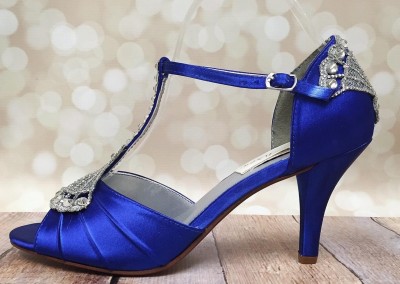 Royal Blue Makayla Fan Lace Applique Silver Crystals Heel Cup Toe T-Strap 3