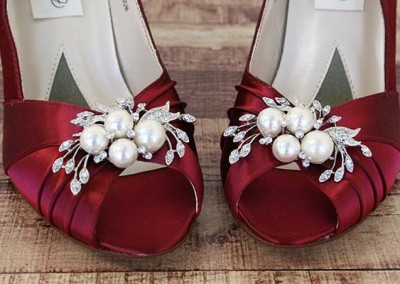 Rouge Red Wedding Shoes Peep Toe Pearl and Rhinestone Adornment on the Toe Custom Wedding Shoes