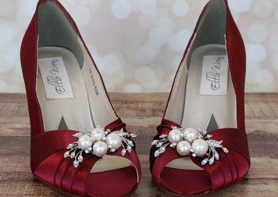 Rouge Red Wedding Shoes Peep Toe Pearl and Rhinestone Adornment on the Toe Custom Wedding Shoes