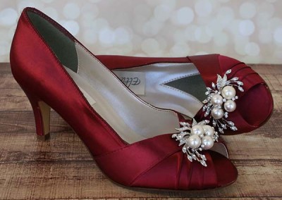 Rouge Red Wedding Shoes Peep Toe Pearl and Rhinestone Adornment on the Toe Custom Wedding Shoes
