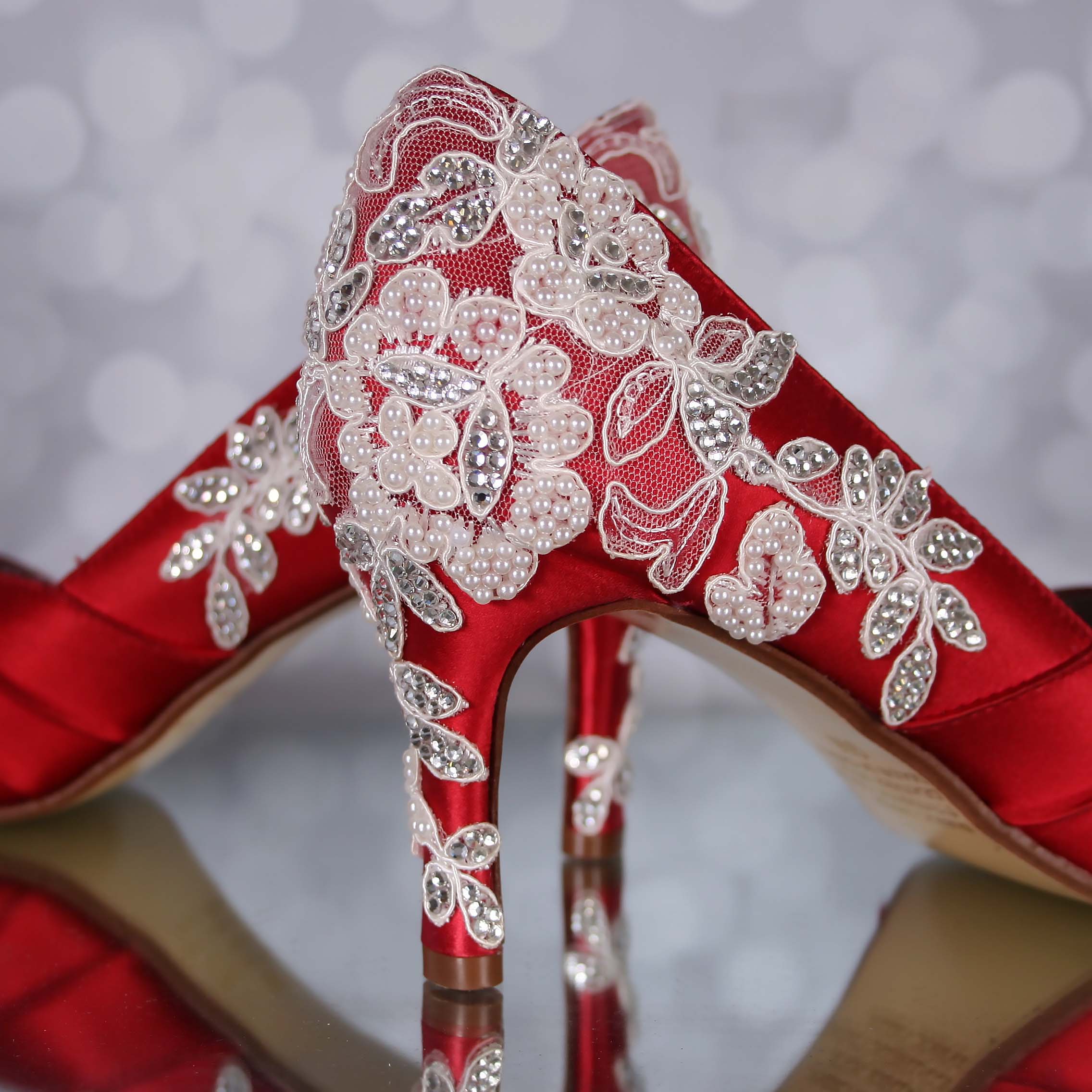 Red Wedding Shoes Red Peep Toe Bridal Heels with an Ivory Lace Heel