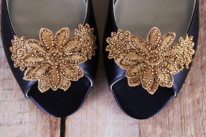 Navy Blue Kara Gold Flower Lace Applique Toe Gold Stones Peep Toe Flat 5
