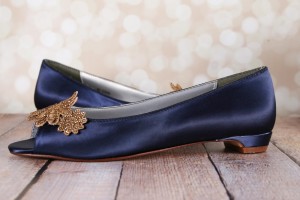 Navy Blue Kara Gold Flower Lace Applique Toe Gold Stones Peep Toe Flat 5