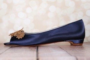 Navy Blue Kara Gold Flower Lace Applique Toe Gold Stones Peep Toe Flat 5