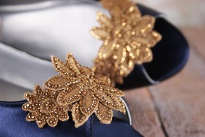 Navy Blue Kara Gold Flower Lace Applique Toe Gold Stones Peep Toe Flat 5
